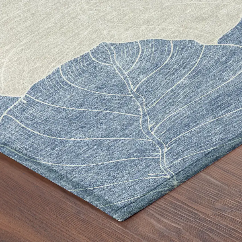 8' Denim Blue And Ivory Round Floral Washable Indoor Outdoor Area Rug Photo 6