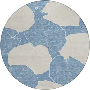 Photo of 8' Denim Blue And Ivory Round Floral Washable Indoor Outdoor Area Rug
