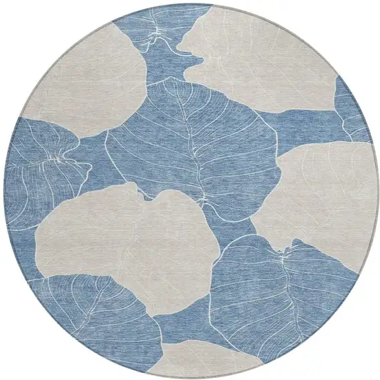 8' Denim Blue And Ivory Round Floral Washable Indoor Outdoor Area Rug Photo 2