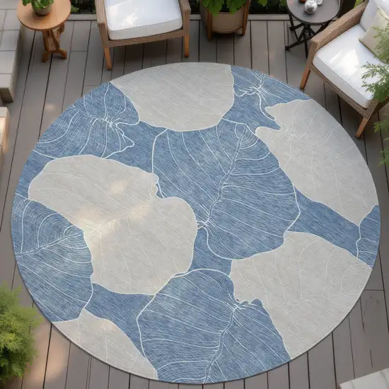 8' Denim Blue And Ivory Round Floral Washable Indoor Outdoor Area Rug Photo 4