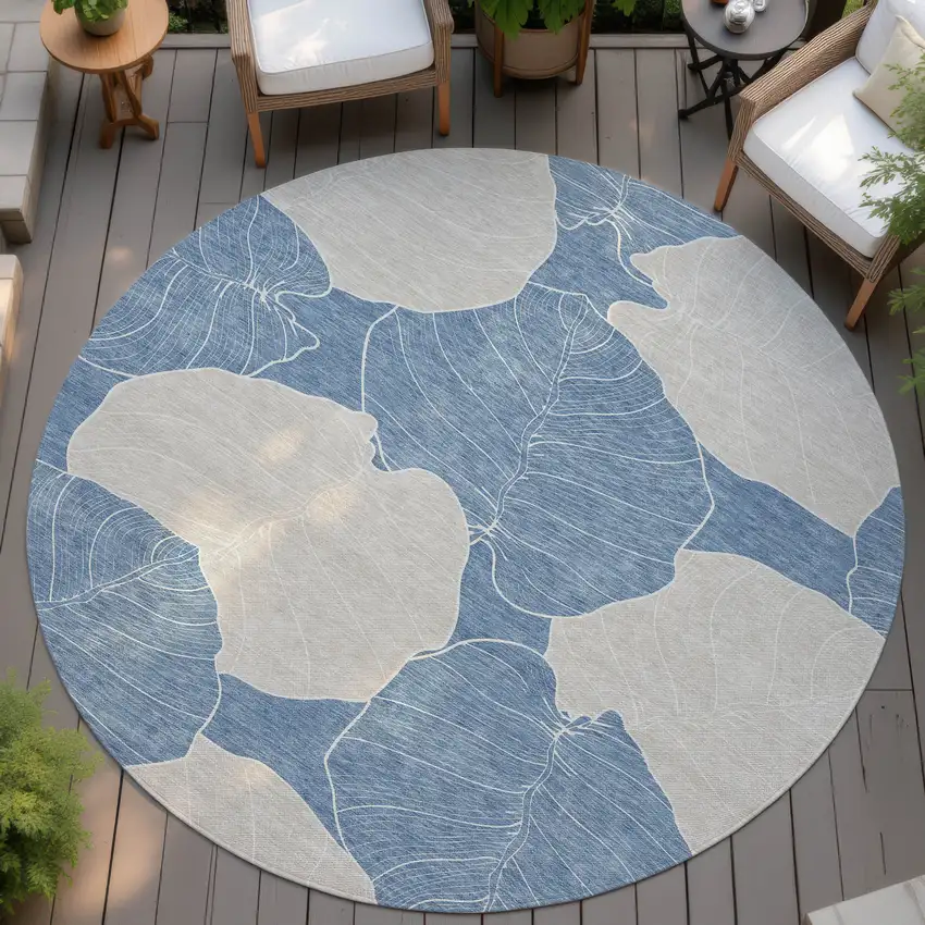 8' Denim Blue And Ivory Round Floral Washable Indoor Outdoor Area Rug Photo 4