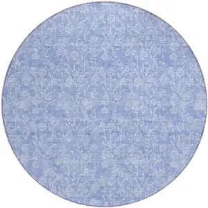 Photo of 8' Denim Blue And Ivory Round Floral Washable Indoor Outdoor Area Rug