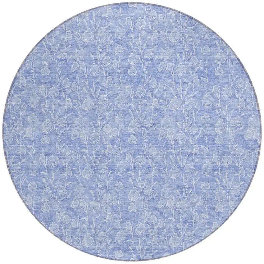 8' Denim Blue And Ivory Round Floral Washable Indoor Outdoor Area Rug Photo 5