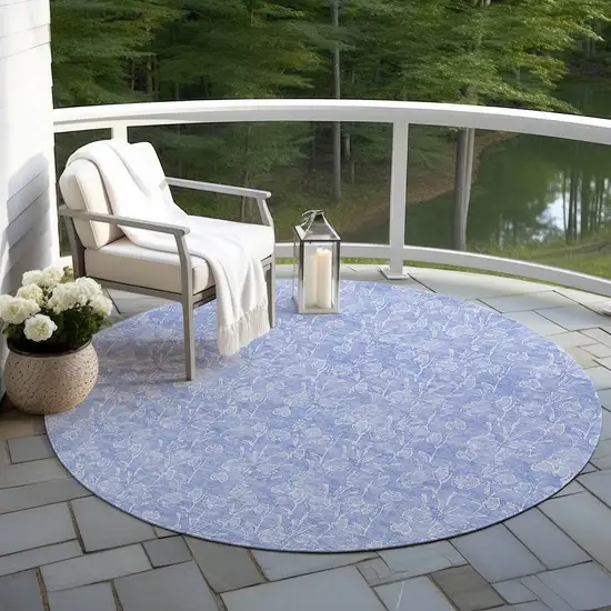 8' Denim Blue And Ivory Round Floral Washable Indoor Outdoor Area Rug Photo 6