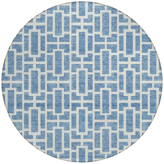 8' Denim Blue And Ivory Round Geometric Washable Indoor Outdoor Area Rug Photo 4