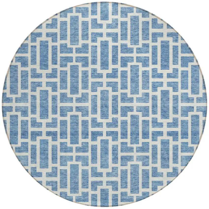 8' Denim Blue And Ivory Round Geometric Washable Indoor Outdoor Area Rug Photo 4