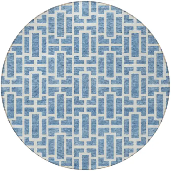 8' Denim Blue And Ivory Round Geometric Washable Indoor Outdoor Area Rug Photo 5