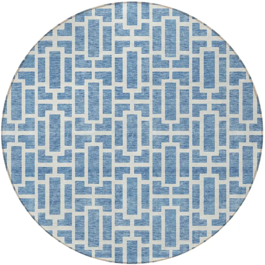 8' Denim Blue And Ivory Round Geometric Washable Indoor Outdoor Area Rug Photo 5