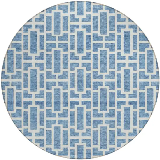 8' Denim Blue And Ivory Round Geometric Washable Indoor Outdoor Area Rug Photo 2