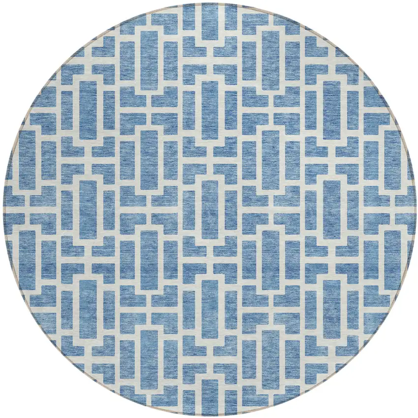 8' Denim Blue And Ivory Round Geometric Washable Indoor Outdoor Area Rug Photo 2