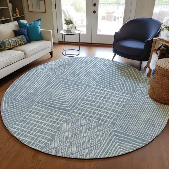 8' Denim Blue And Ivory Round Geometric Washable Indoor Outdoor Area Rug Photo 7