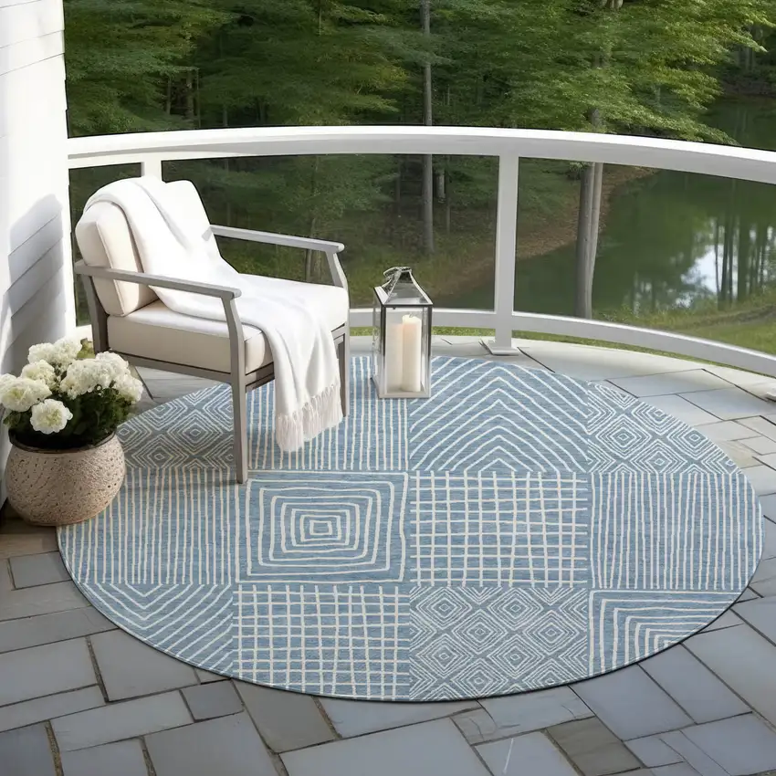 8' Denim Blue And Ivory Round Geometric Washable Indoor Outdoor Area Rug Photo 6