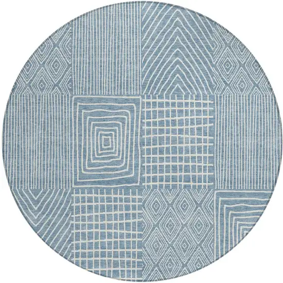 8' Denim Blue And Ivory Round Geometric Washable Indoor Outdoor Area Rug Photo 5
