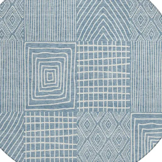 8' Denim Blue And Ivory Round Geometric Washable Indoor Outdoor Area Rug Photo 4