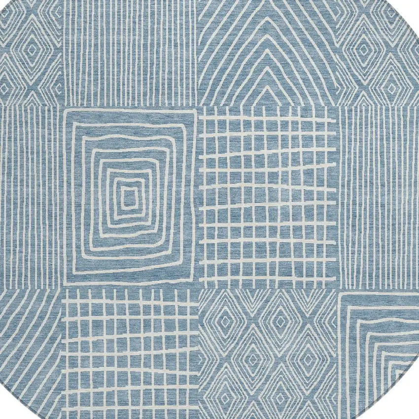 8' Denim Blue And Ivory Round Geometric Washable Indoor Outdoor Area Rug Photo 4