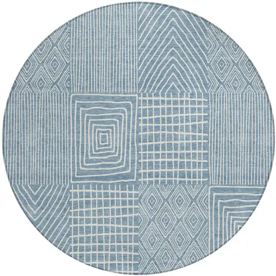 8' Denim Blue And Ivory Round Geometric Washable Indoor Outdoor Area Rug Photo 2