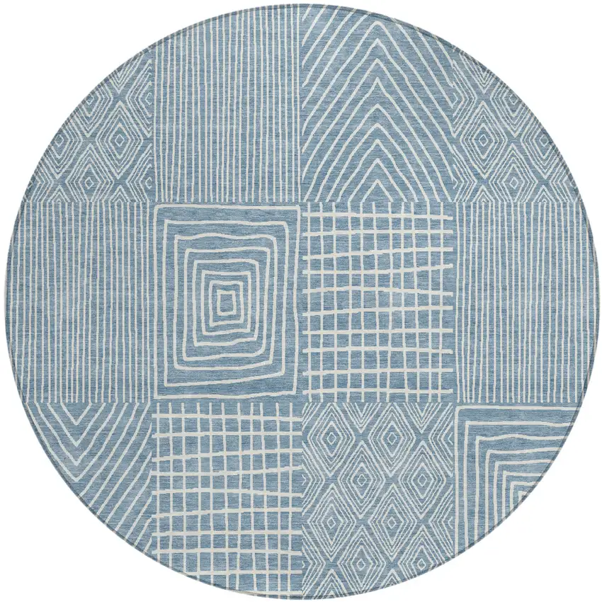 8' Denim Blue And Ivory Round Geometric Washable Indoor Outdoor Area Rug Photo 2