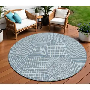 Photo of 8' Denim Blue And Ivory Round Geometric Washable Indoor Outdoor Area Rug