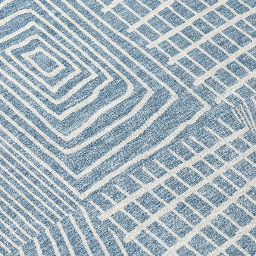 8' Denim Blue And Ivory Round Geometric Washable Indoor Outdoor Area Rug Photo 8