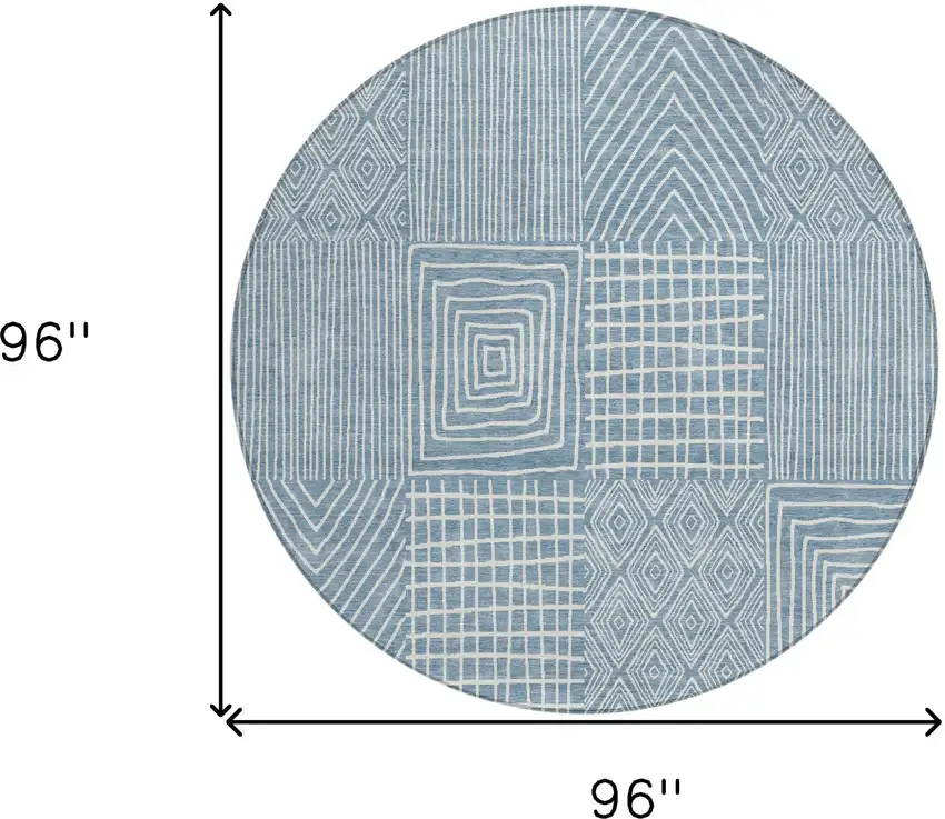 8' Denim Blue And Ivory Round Geometric Washable Indoor Outdoor Area Rug Photo 3
