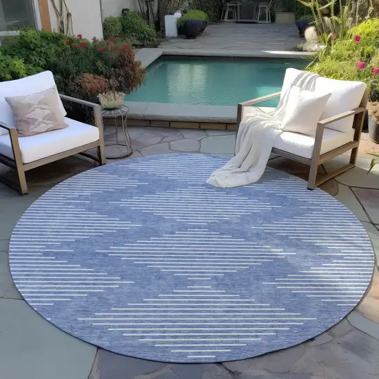 8' Denim Blue And Ivory Round Geometric Washable Indoor Outdoor Area Rug Photo 5