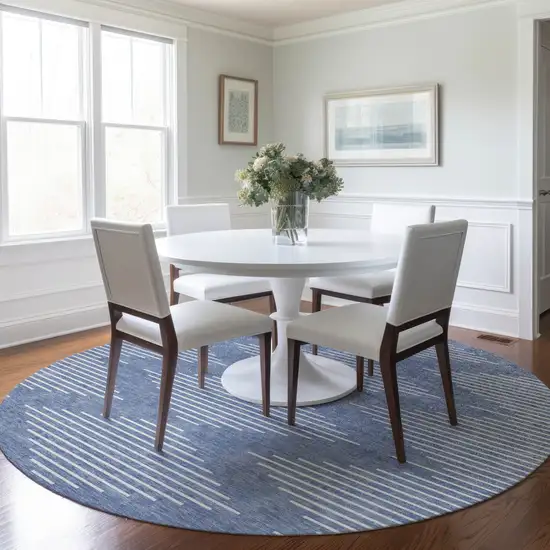 8' Denim Blue And Ivory Round Geometric Washable Indoor Outdoor Area Rug Photo 6