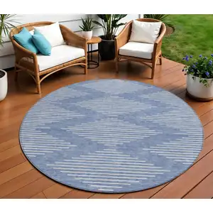 Photo of 8' Denim Blue And Ivory Round Geometric Washable Indoor Outdoor Area Rug