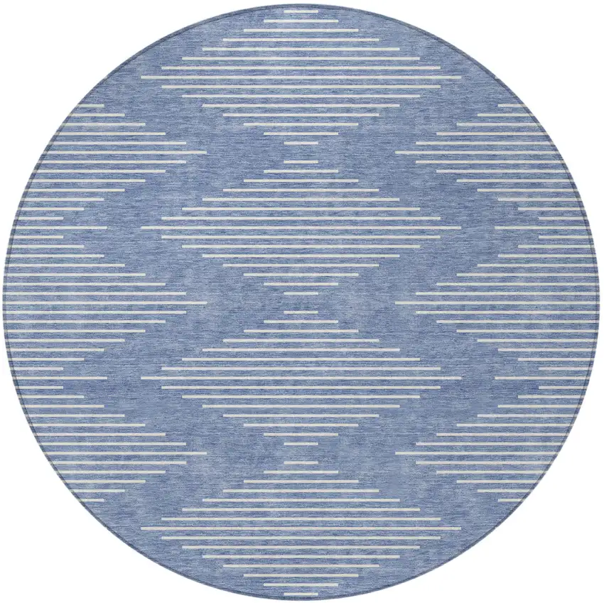 8' Denim Blue And Ivory Round Geometric Washable Indoor Outdoor Area Rug Photo 4