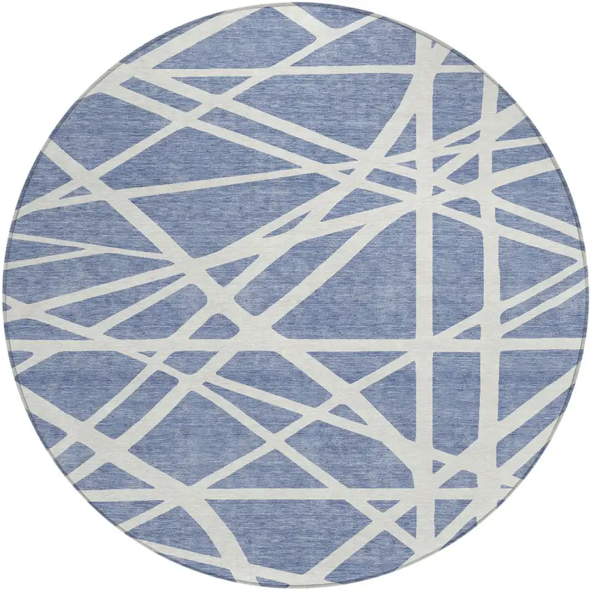 8' Denim Blue And Ivory Round Geometric Washable Indoor Outdoor Area Rug Photo 2