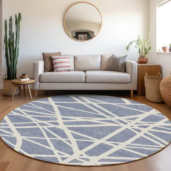 8' Denim Blue And Ivory Round Geometric Washable Indoor Outdoor Area Rug Photo 7