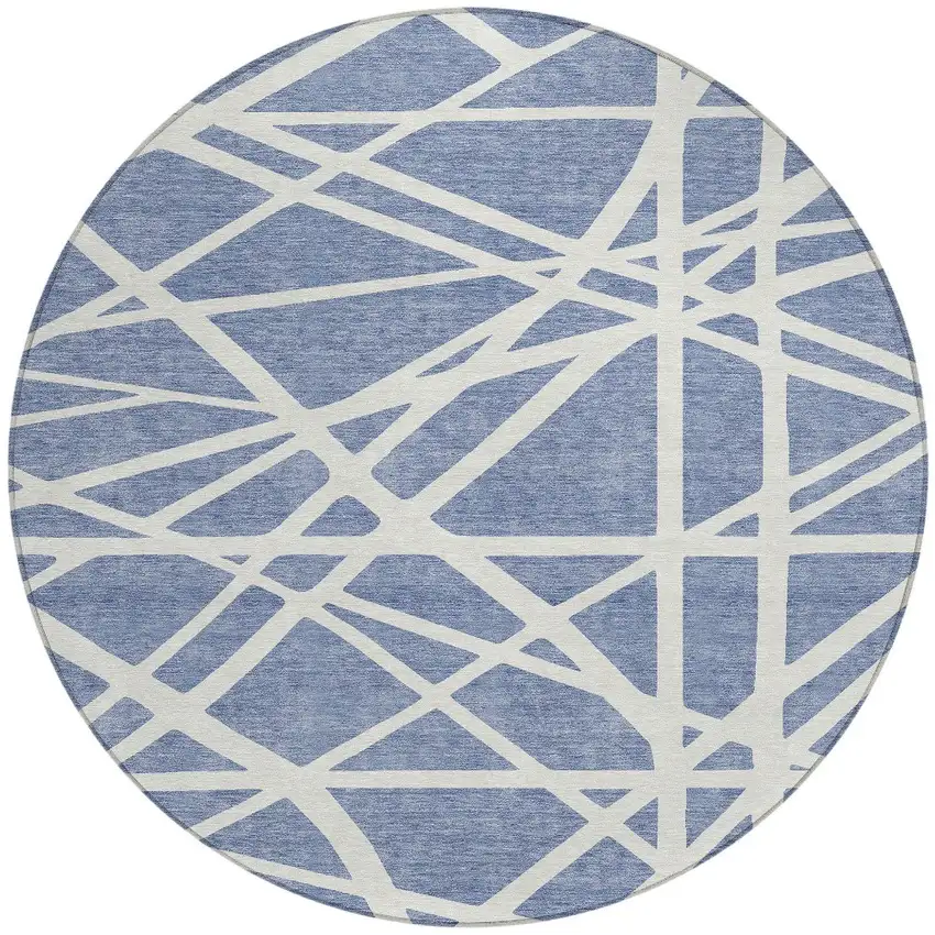 8' Denim Blue And Ivory Round Geometric Washable Indoor Outdoor Area Rug Photo 4