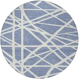 Photo of 8' Denim Blue And Ivory Round Geometric Washable Indoor Outdoor Area Rug