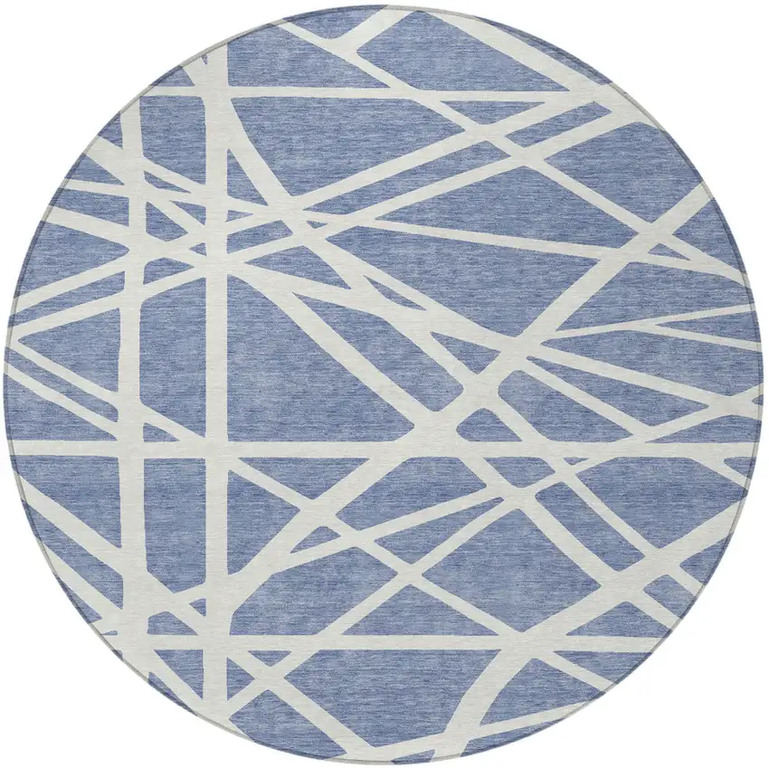 8' Denim Blue And Ivory Round Geometric Washable Indoor Outdoor Area Rug Photo 5