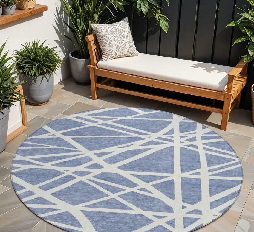 8' Denim Blue And Ivory Round Geometric Washable Indoor Outdoor Area Rug Photo 1