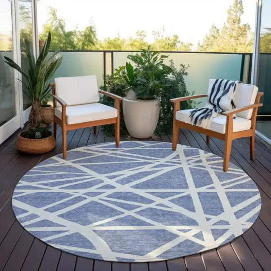 8' Denim Blue And Ivory Round Geometric Washable Indoor Outdoor Area Rug Photo 6