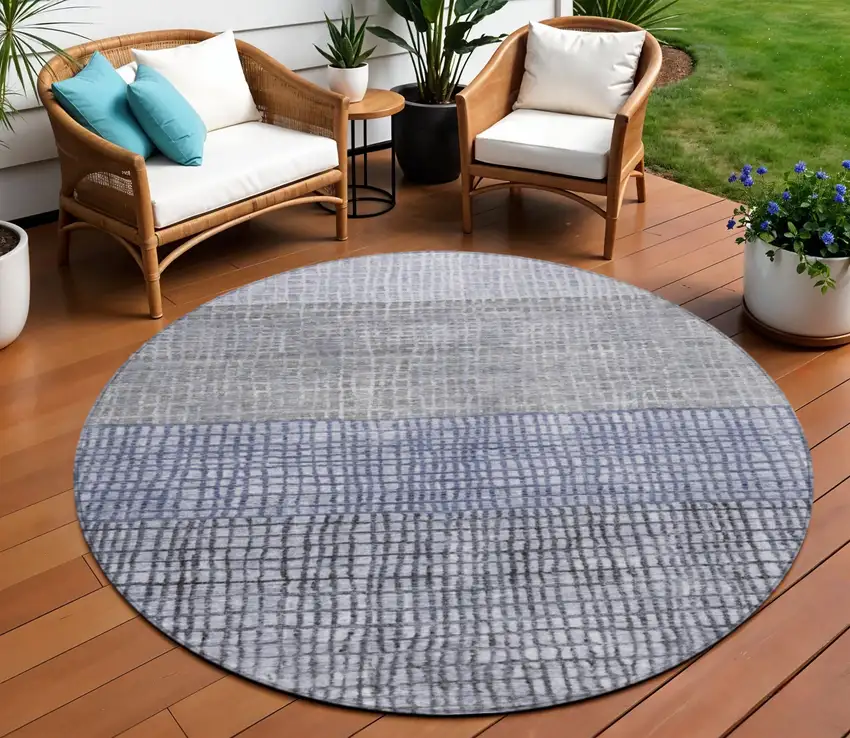 8' Denim Blue And Ivory Round Geometric Washable Indoor Outdoor Area Rug Photo 2