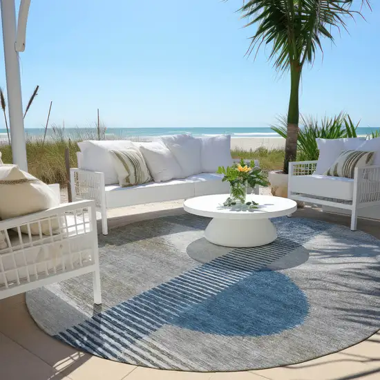 8' Denim Blue And Ivory Round Geometric Washable Indoor Outdoor Area Rug Photo 6