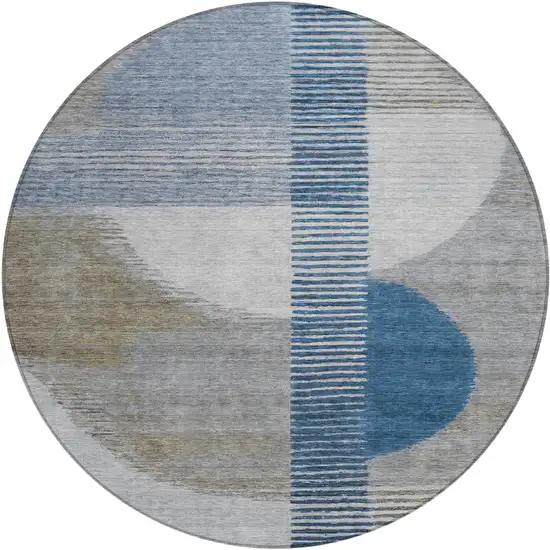 8' Denim Blue And Ivory Round Geometric Washable Indoor Outdoor Area Rug Photo 1