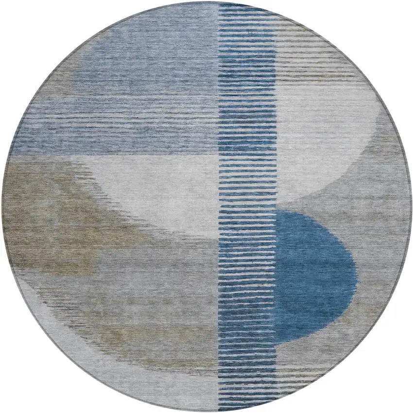 8' Denim Blue And Ivory Round Geometric Washable Indoor Outdoor Area Rug Photo 1
