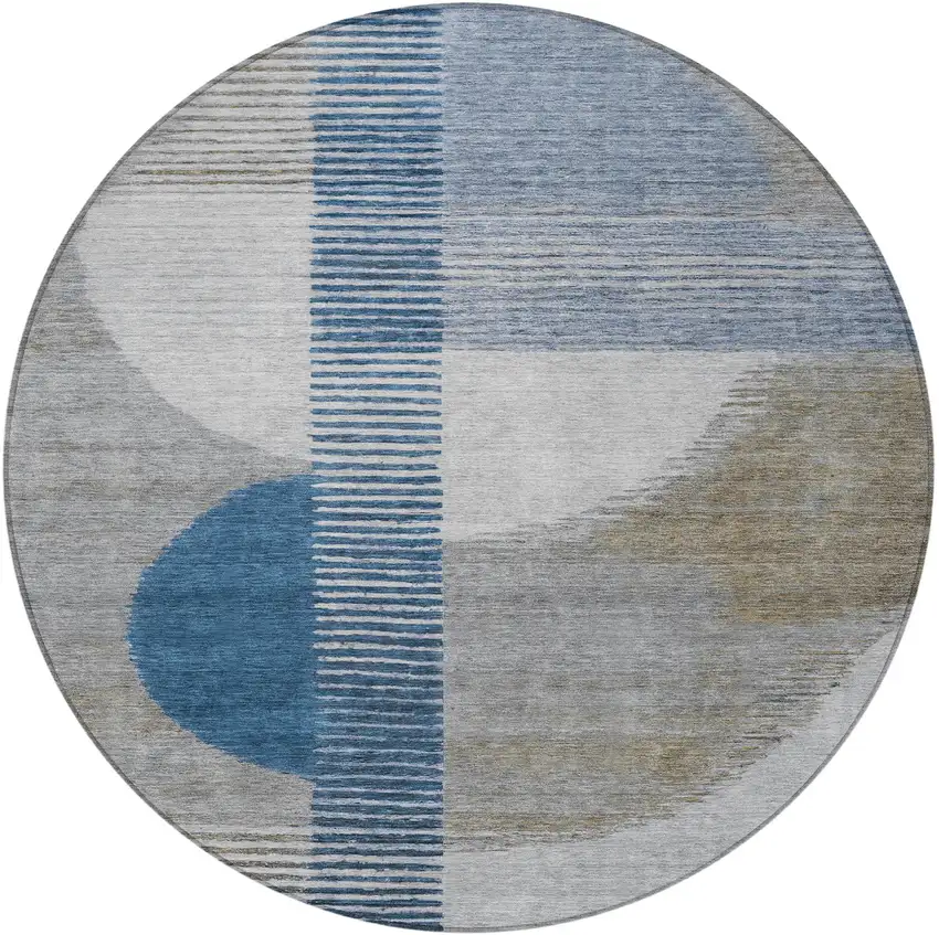 8' Denim Blue And Ivory Round Geometric Washable Indoor Outdoor Area Rug Photo 4