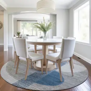 Photo of 8' Denim Blue And Ivory Round Geometric Washable Indoor Outdoor Area Rug