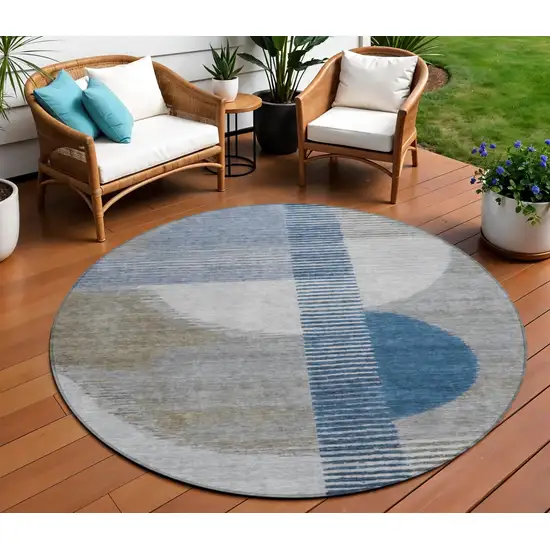 8' Denim Blue And Ivory Round Geometric Washable Indoor Outdoor Area Rug Photo 2
