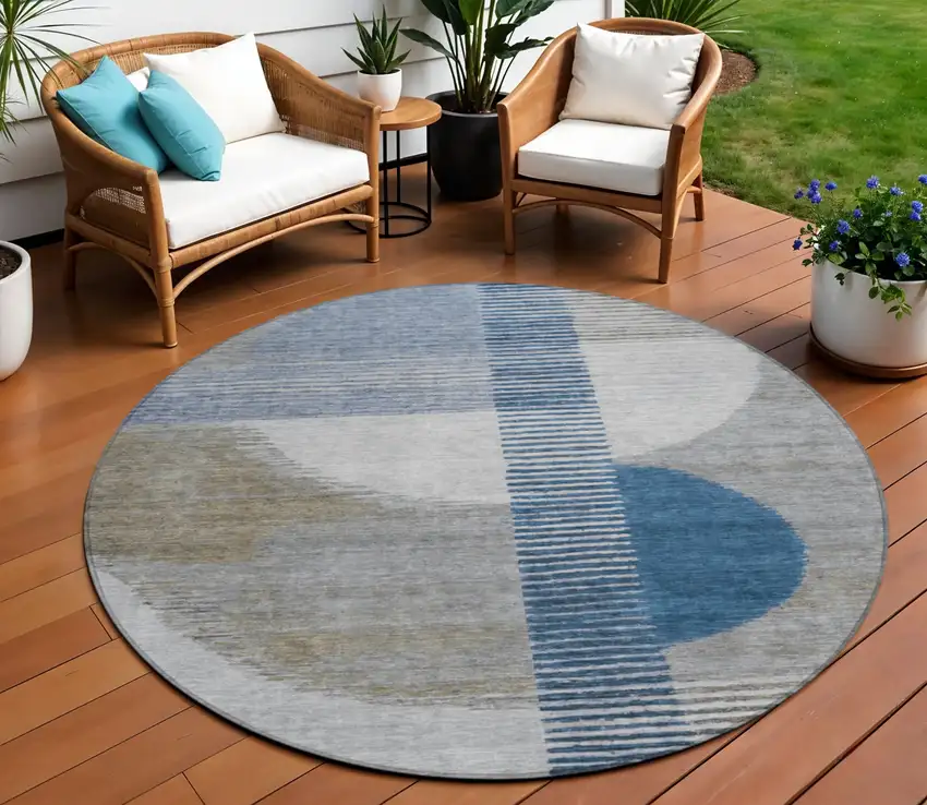 8' Denim Blue And Ivory Round Geometric Washable Indoor Outdoor Area Rug Photo 2