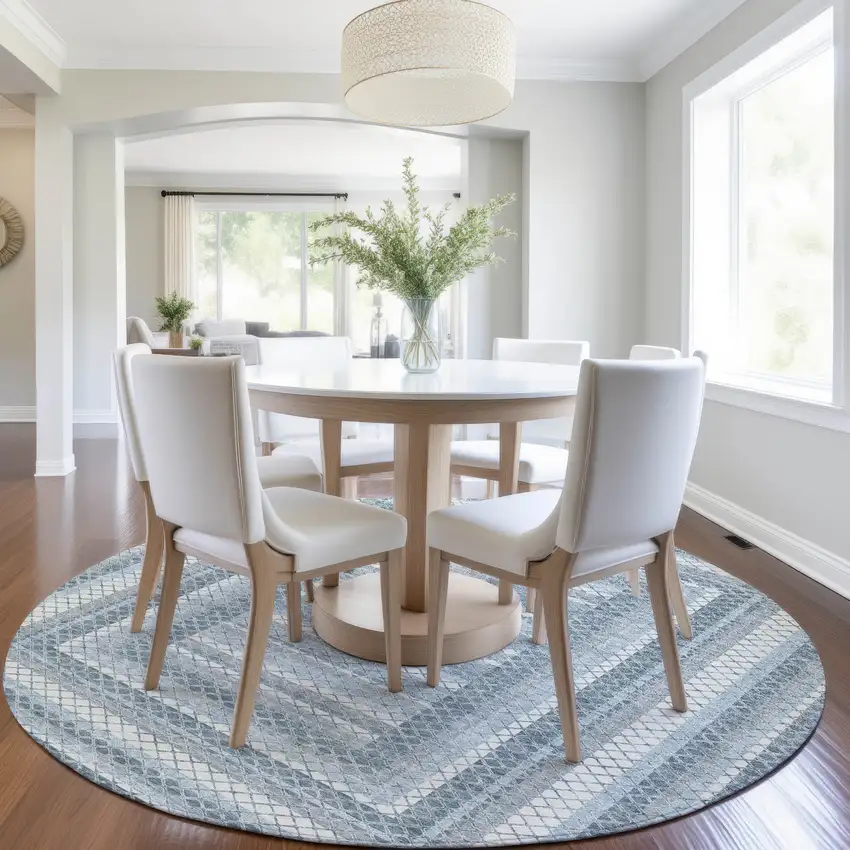 8' Denim Blue And Ivory Round Geometric Washable Indoor Outdoor Area Rug Photo 6