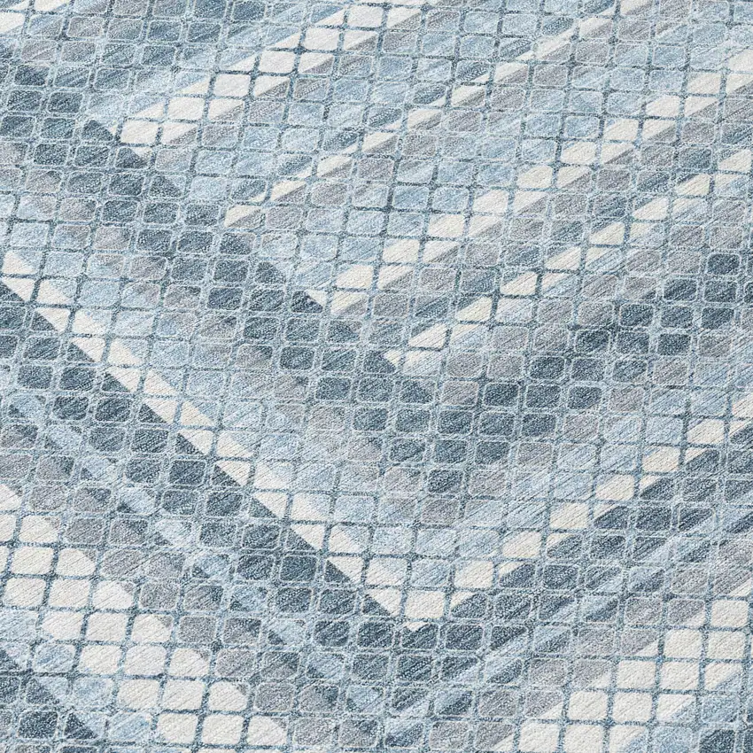 8' Denim Blue And Ivory Round Geometric Washable Indoor Outdoor Area Rug Photo 8