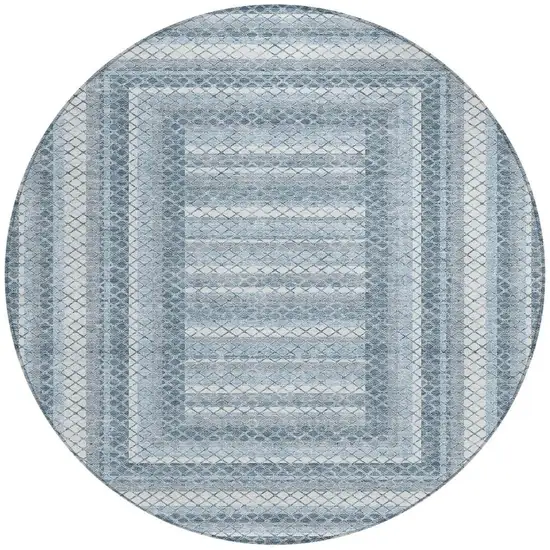 8' Denim Blue And Ivory Round Geometric Washable Indoor Outdoor Area Rug Photo 3