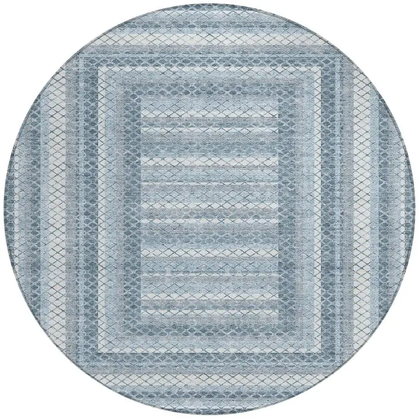 8' Denim Blue And Ivory Round Geometric Washable Indoor Outdoor Area Rug Photo 3