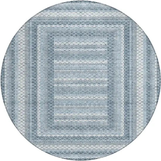 8' Denim Blue And Ivory Round Geometric Washable Indoor Outdoor Area Rug Photo 1