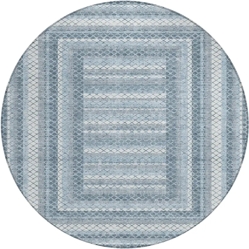 8' Denim Blue And Ivory Round Geometric Washable Indoor Outdoor Area Rug Photo 1