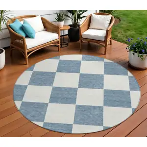 Photo of 8' Denim Blue And Ivory Round Geometric Washable Indoor Outdoor Area Rug